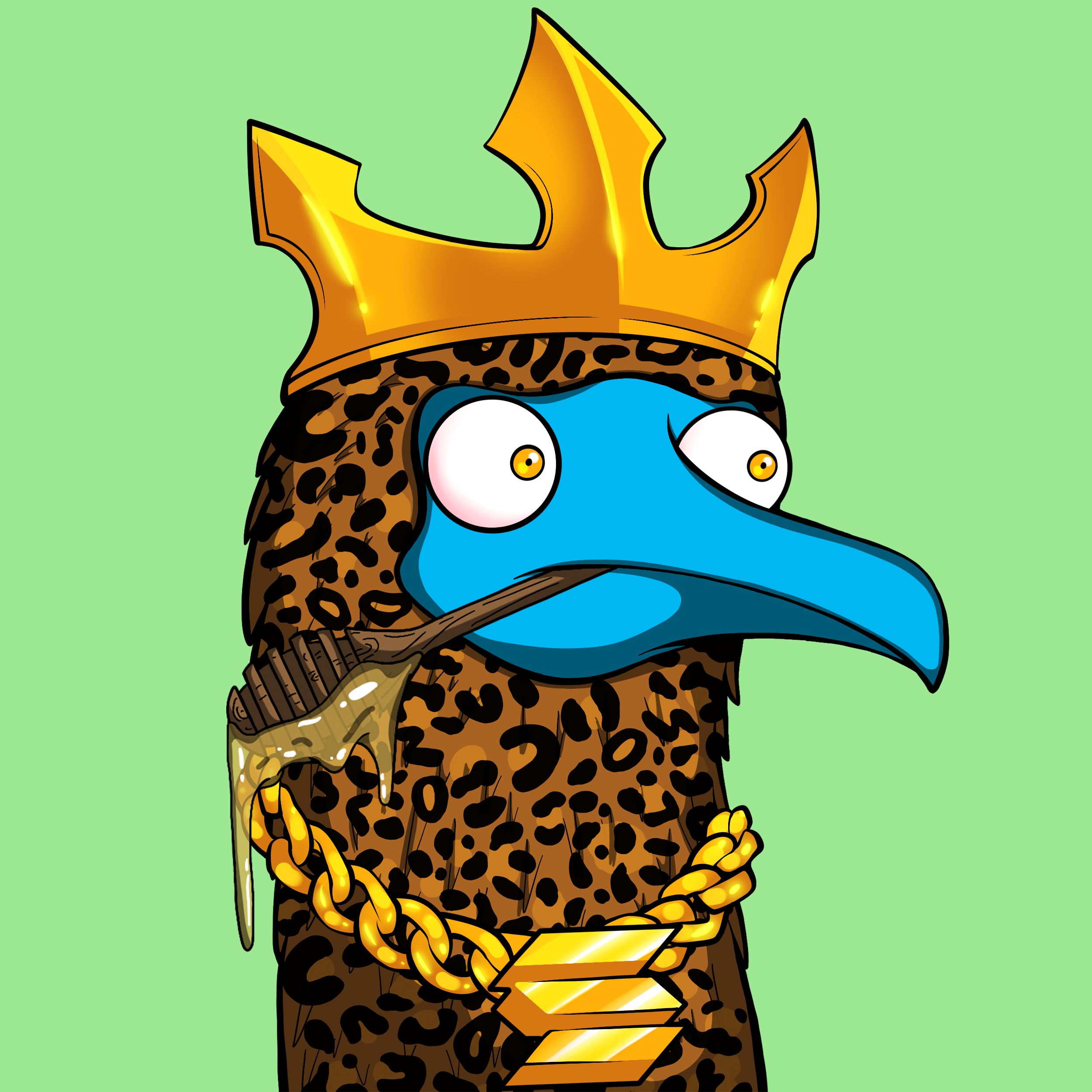 Booby character with crown and leopard print